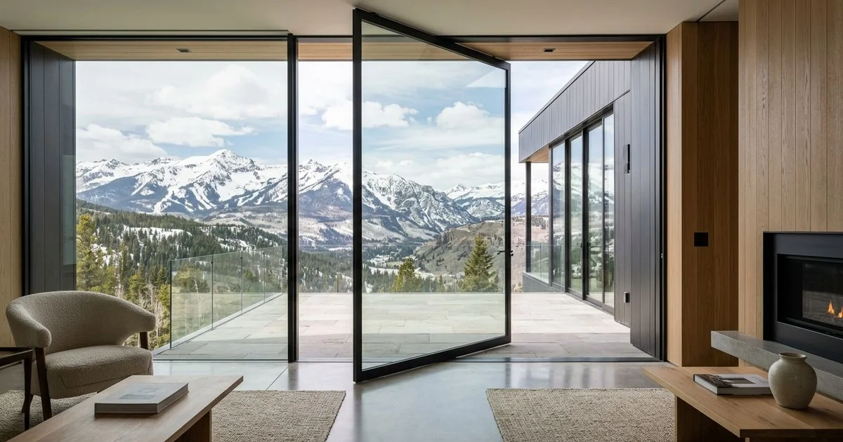 Ultra-clean pivot door with no visible hardware in a minimalist modern interior, thin dark frames