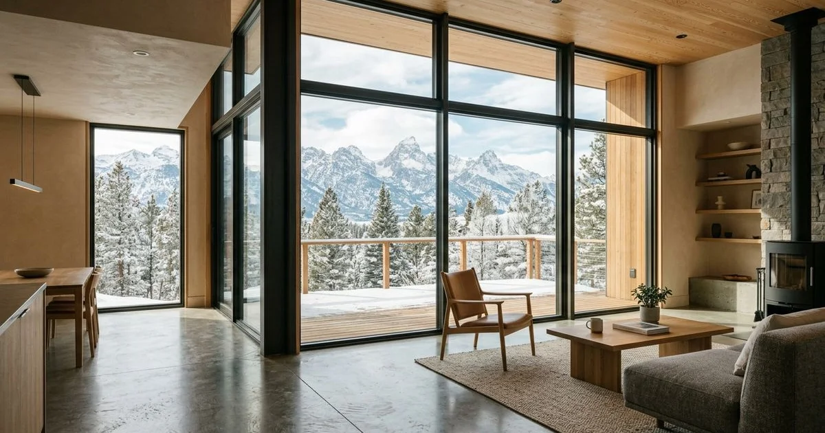Warm minimalist interior of a passive-house mountain home with large aluminum windows framing a winter view