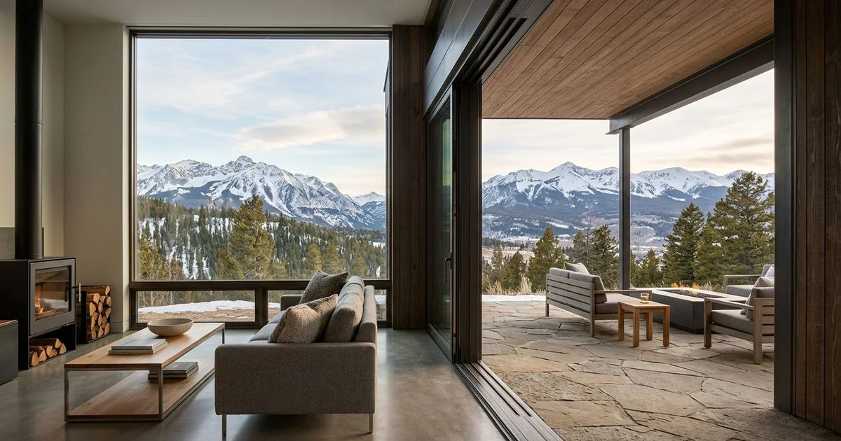 Wide sliding glass wall fully open to a patio in a modern Colorado home, minimal frames