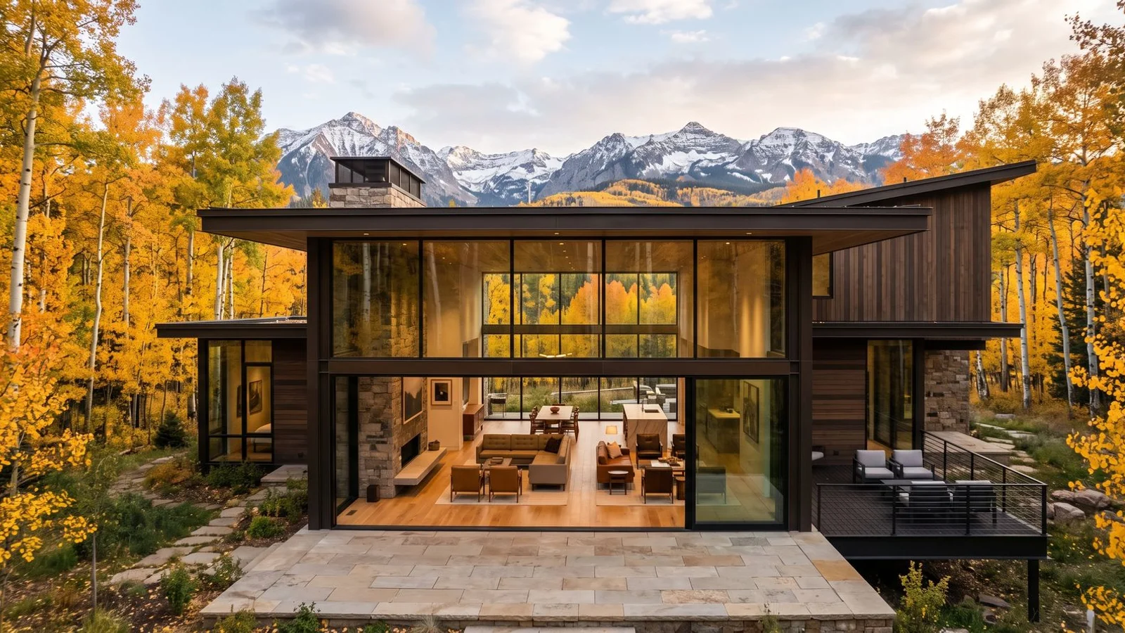 Autumn afternoon view of a Colorado home with expansive aluminum windows backed by aspens turning gold