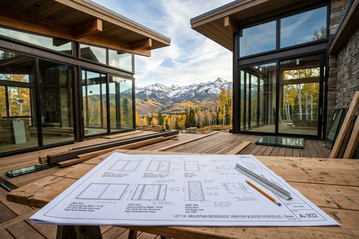 Autumn jobsite in the Colorado mountains with door and window specification drawings laid out