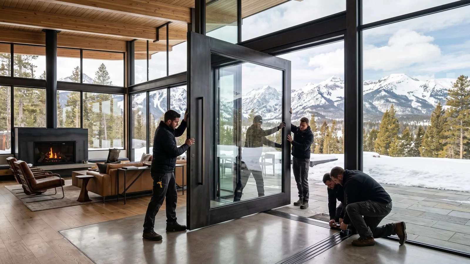 Certified installation crew setting an oversized pivot door in a contemporary Colorado home