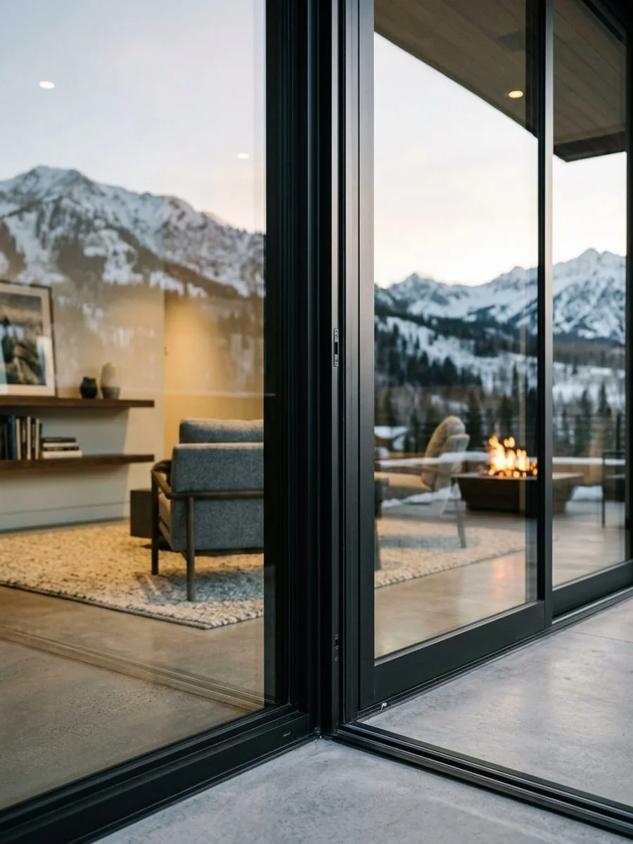 Detail of thermally broken aluminum corner in matte black finish, precise studio composition