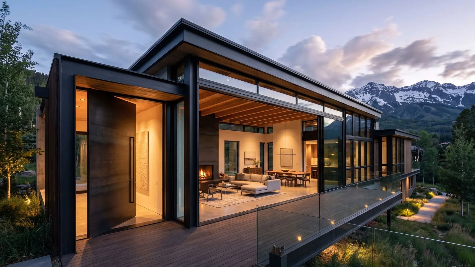 Editorial wide shot of a minimalist Colorado home featuring pivot entry and panoramic sliding glass wall at dusk