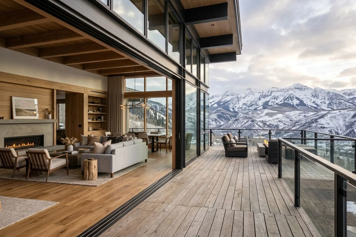 Interior view of the great room with sliding wall open onto the deck, facing the Elk Mountains
