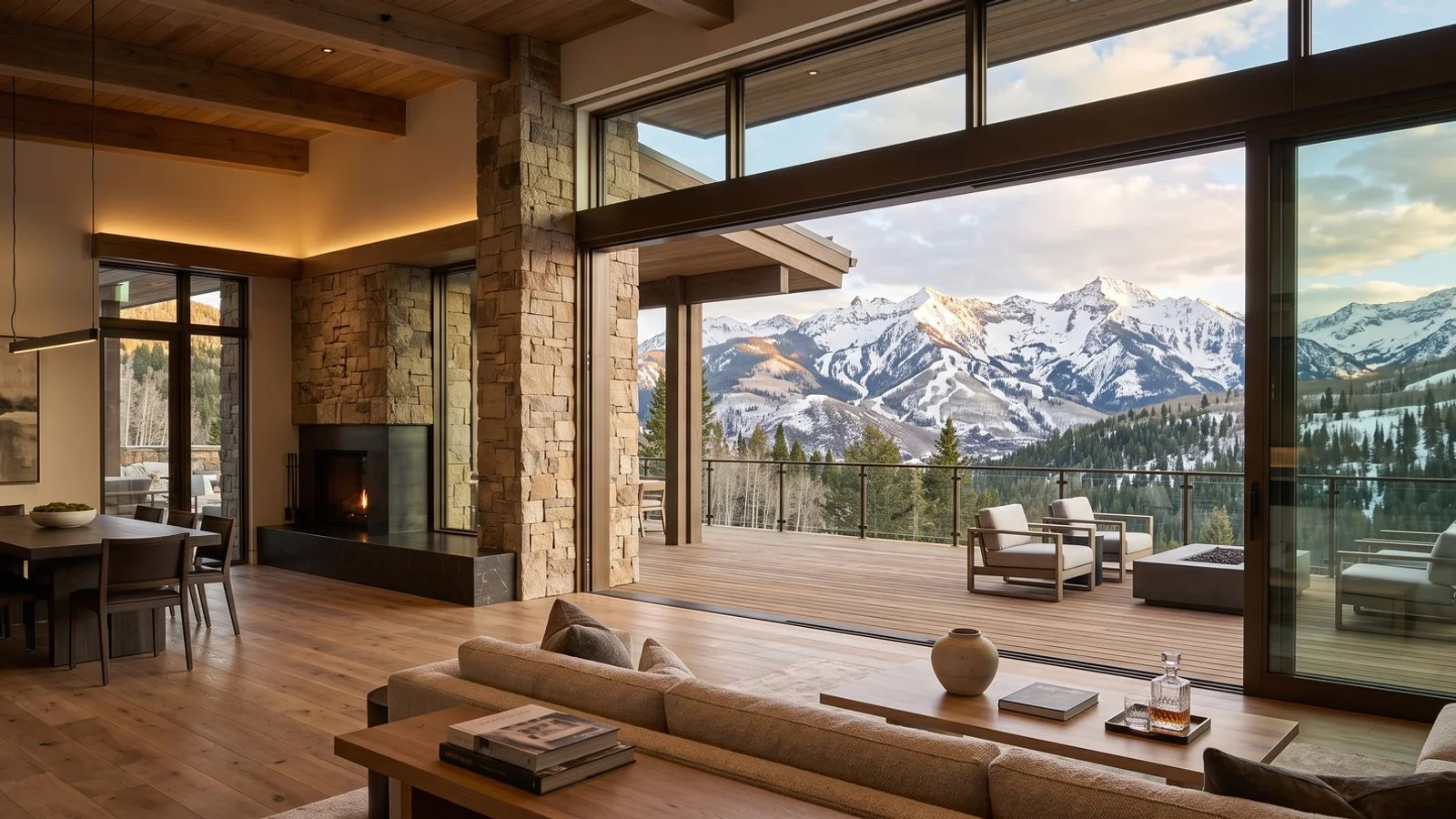 Panoramic sliding glass wall open in a Snowmass great room, framing snow-capped Colorado peaks at golden hour