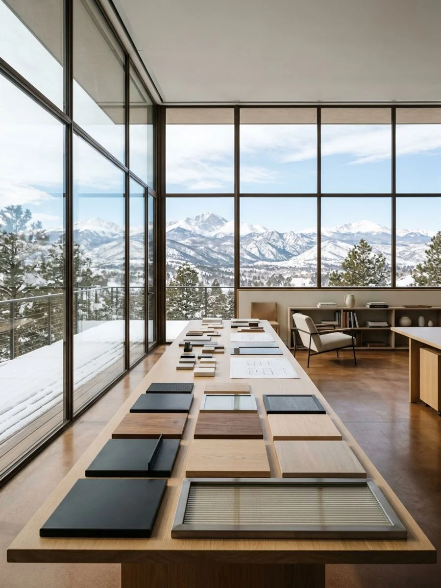 Refined minimalist Denver studio with door finish samples laid out on a long table