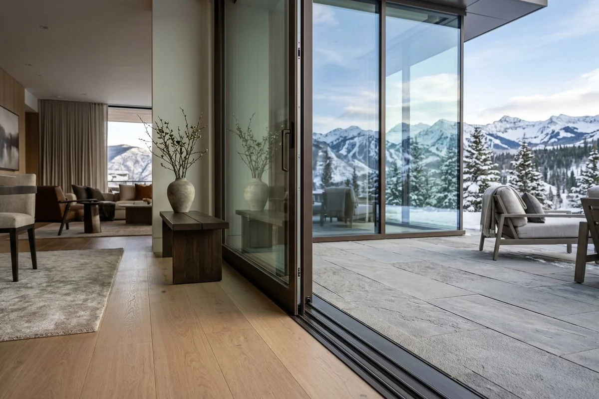 Threshold detail at Snowmass sliding-glass wall showing flush barrier-free track